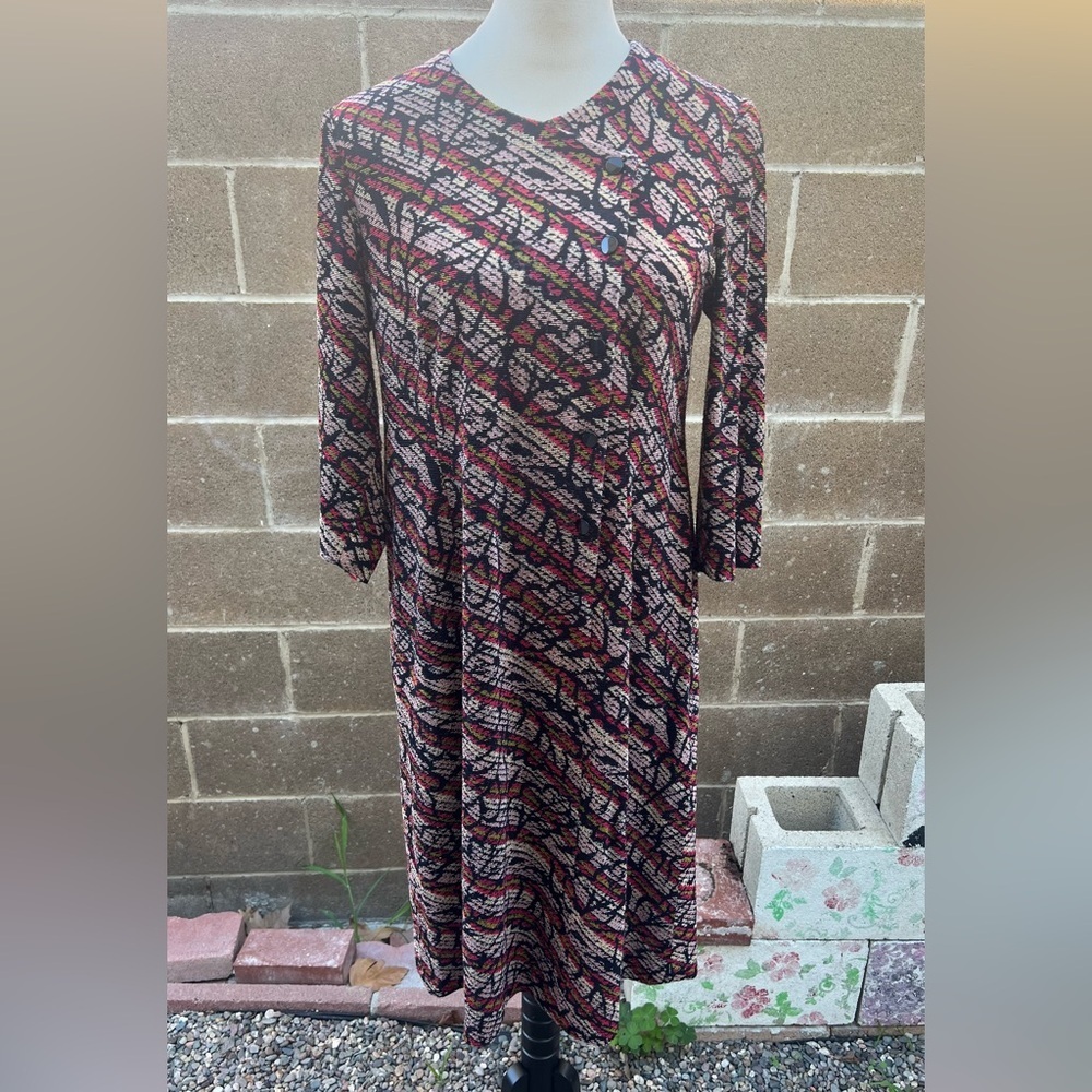 VINTAGE 1960s Midi Shift Mad Men Vtg 60s Retro Button Front Dress